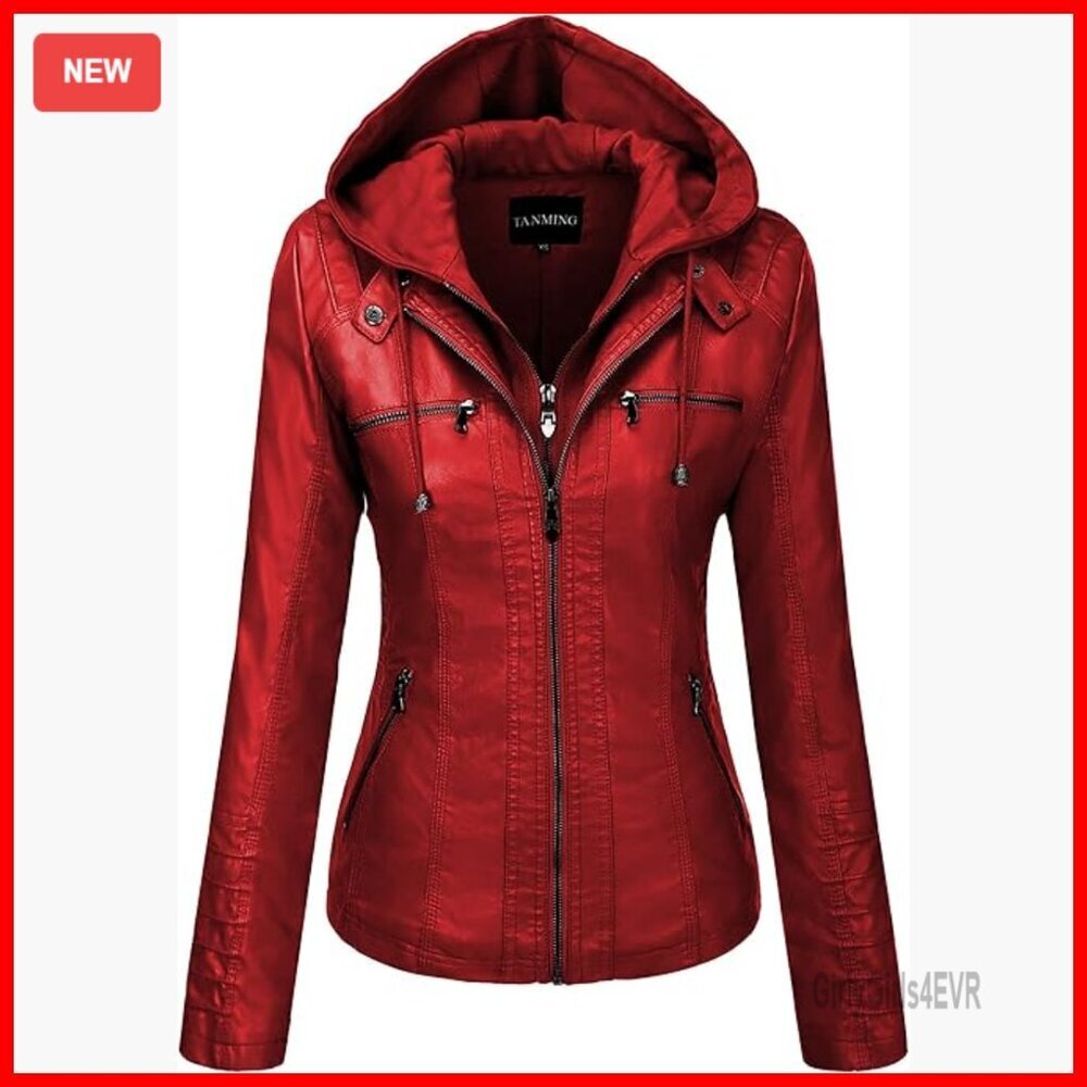 Faux Leather Moto Jacket with Hood, Slim Fit, Detachable Hood, Rivets